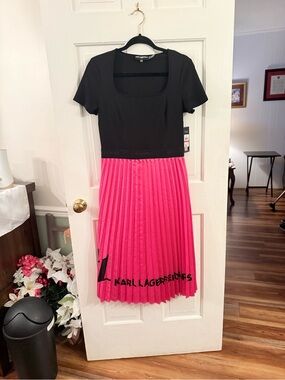Karl Lagerfeld Black Top with Hot Pink Pleated Maxi Skirt